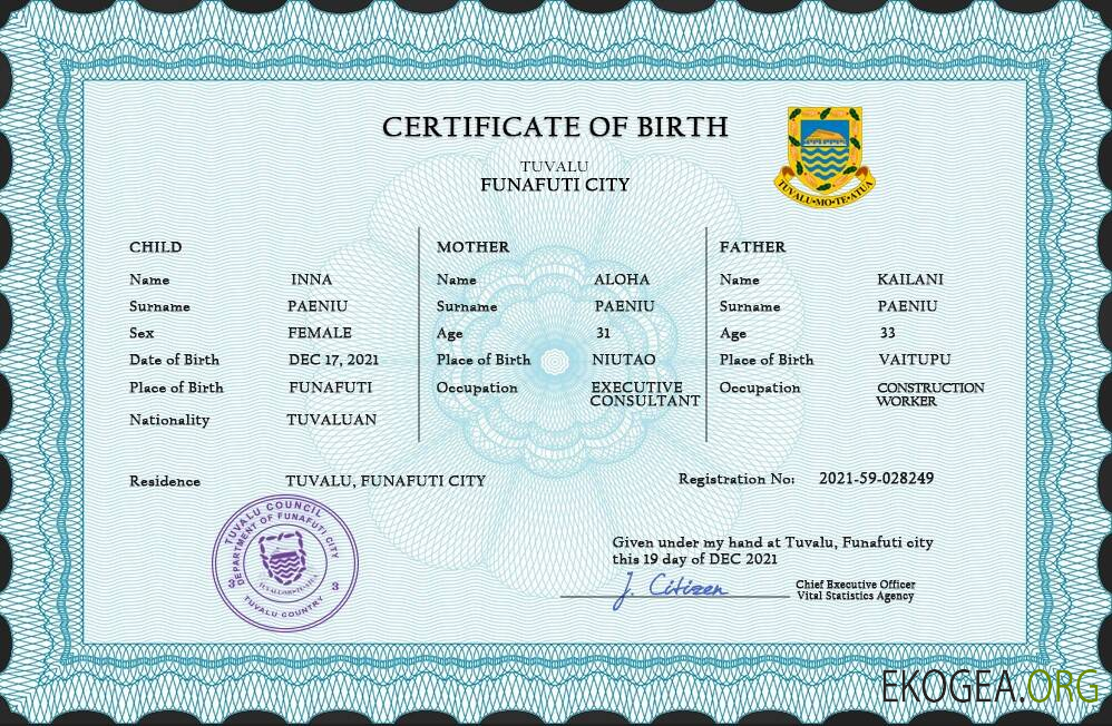 Modèle PSD de certificat de naissance d'état civil de Tuvalu